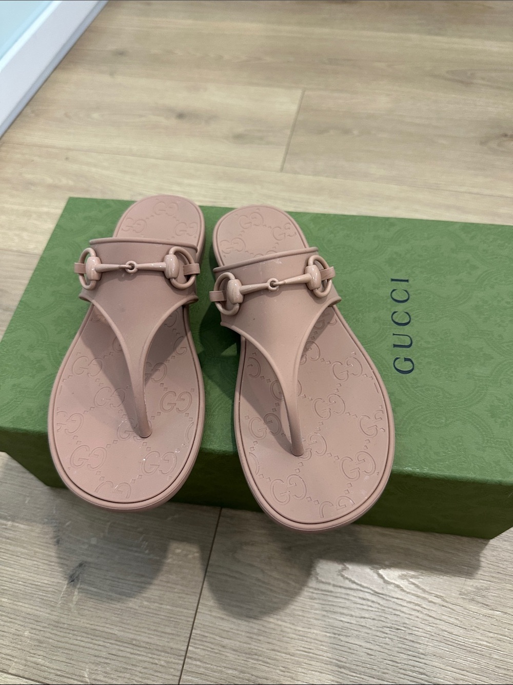 Gucci Blush Pink Rubber Horsebit Thong Sandals